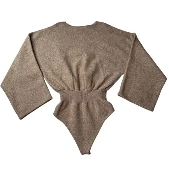 Zara Taupe Textured Wool & Camel Knit Bodysuit Size Large - Picture 3 of 15